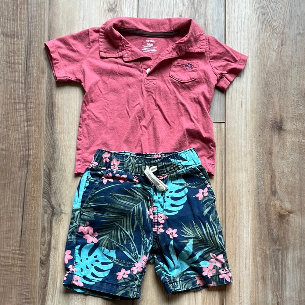 Pink Carters Polo Shirt  24 Months and Children’s Place Tropical Shorts Set 2T
